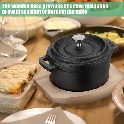 2 Sets 17 Oz Mini Cast Iron Dutch Oven Lid and Wooden Base, Pre Seasoned Cast Iron Casserole with Dual Handles, Small Black Casserole Dishes for Oven Use Marinate Cook Bake, Gift Giving6