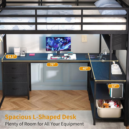 Twin Loft Bed with L‑Shaped Desk, RGB LED Lights, Black5
