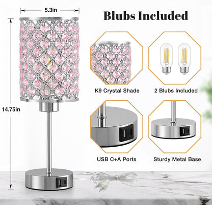 Pink Crystal Bedside Table Lamps Set of 2 with USB C+A Ports2
