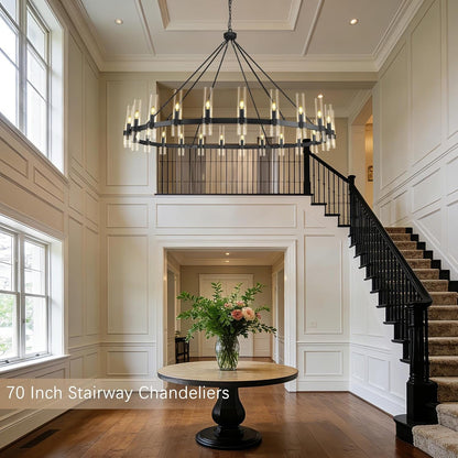 70" 24-Light Black Wagon Wheel Chandelier for High Ceilings Living Room7