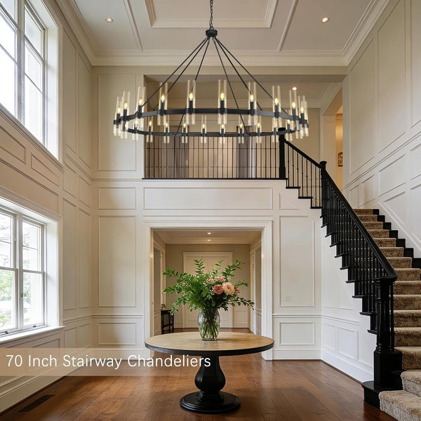 70" 24-Light Black Wagon Wheel Chandelier for High Ceilings Living Room7