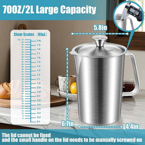 Stainless Steel Pitcher with Lid & Handle, 70 Oz/2000+ Ml2