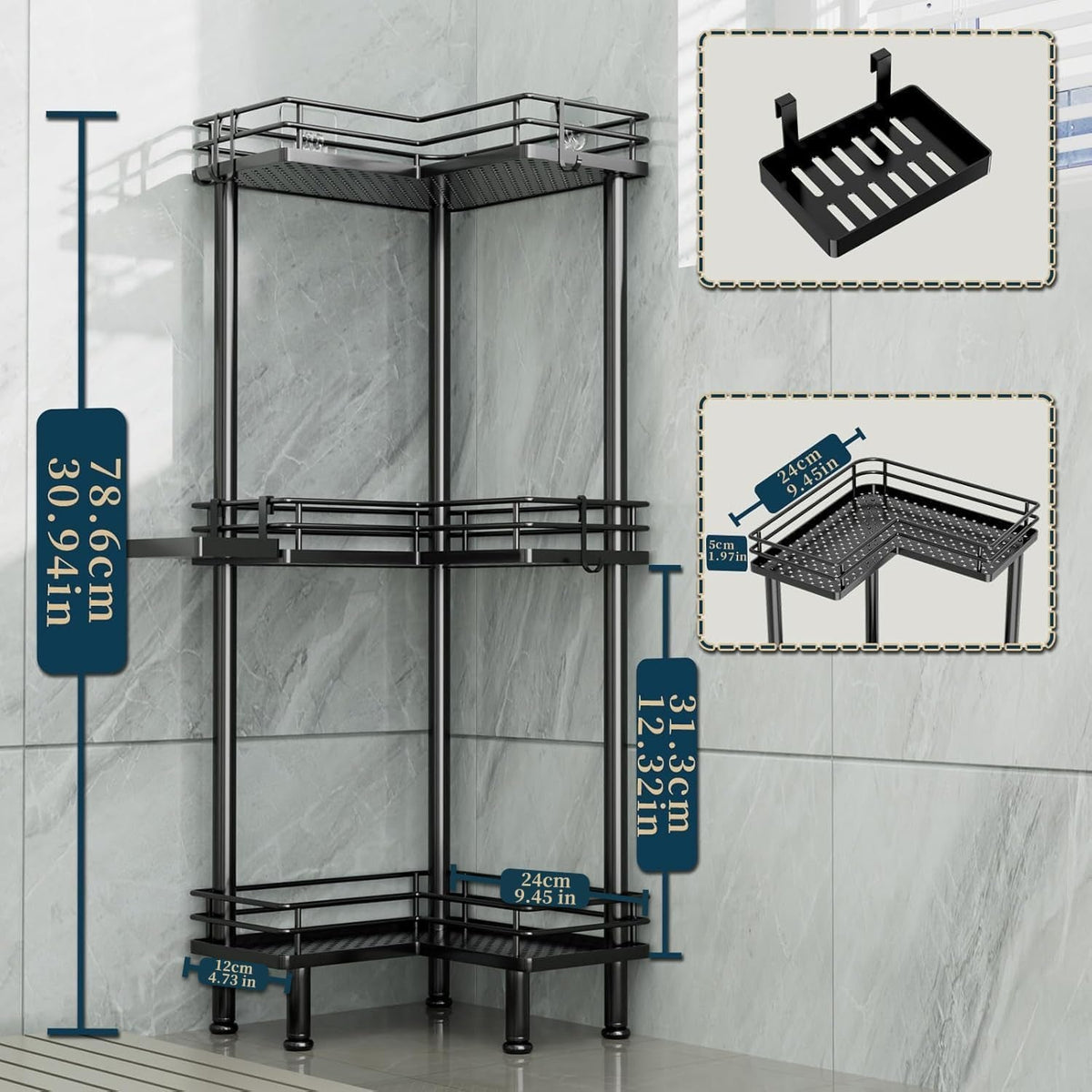 corner-shower-caddy-standing-3-tier-stainless-steel-shower-organizer-with-soap-holder-and-4-hooks-large-capacity-corner-shelf-stand-for-bathroom-rest-room-black