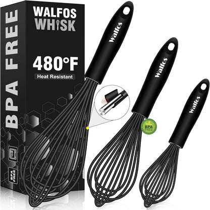 Silicone Whisk,Stainless Steel Wire Whisk Set of 3 -Heat Resistant 480°F Kitchen Whisks for Non-Stick Cookware,Balloon Egg Beater Perfect for Blending,Whisking,Beating,Frothing & Stirring,Black1