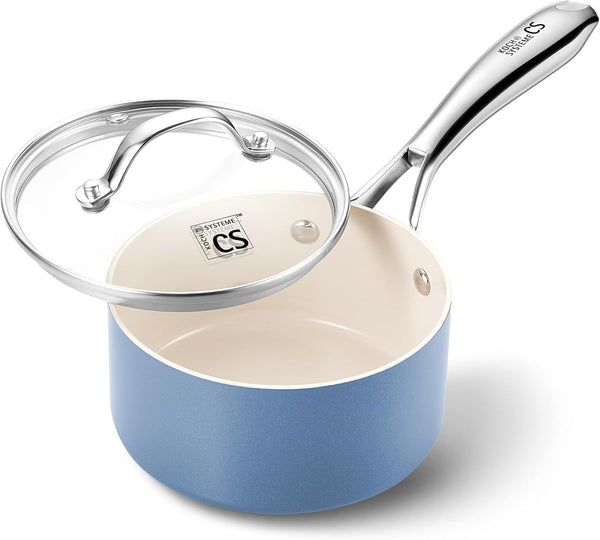 Small Saucepan with Lid, 1 Quart Nonstick Sauce Pan with PFAS-FREE Ceramic Coatings, Non-Toxic, Scratch-Resistant Small Cooking Pot with Lid, 1QT Small Sauce Pan, Blue1