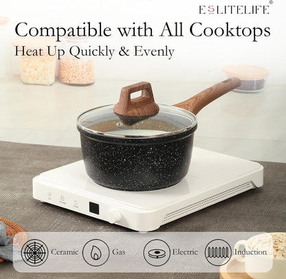 Nonstick Cookware Sets, 9 Pcs Granite Coating Pots and Pans Set Kitchen Cooking Set, Compatible with All Stovetops (Gas, Electric & Induction), PFOA Free, Black4