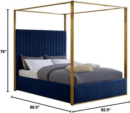 Contemporary Velvet King Bed, Navy Finish, Deep Channel Tufting, Brushed Brass Metal Frame, Full Slats, Canopy Height 78.5", Headboard Height 60.5", Elegant Bedroom Furniture3