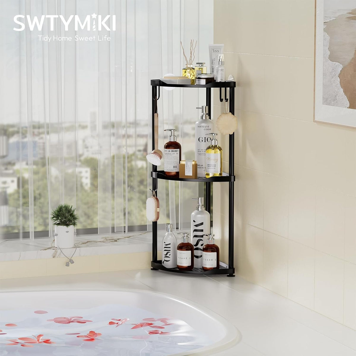corner-shower-caddy-standing-3-tier-stainless-steel-shower-organizer-stand-large-capacity-floor-shelf-with-4-hooks-rustproof-bathroom-storage-rack-black