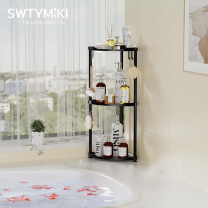 Corner Shower Caddy Standing - 3 Tier Stainless Steel Shower Organizer Stand, Large Capacity Floor Shelf with 4 Hooks, Rustproof Bathroom Storage Rack, Black6