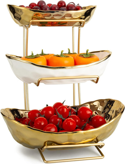 3 Tier Ceramic Fruit Bowl for Kitchen Counter with Metal Rack, Fruit Basket with Stand, Porcelain Bowls for Vegetable Bread Candy Snack Nuts Dessert Cake Tray (Gold 3 Layer)7
