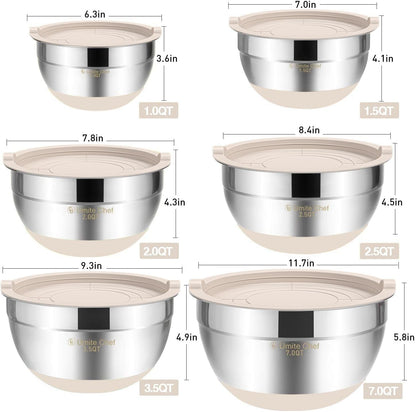 Mixing Bowls with Airtight Lids, 6 Piece Stainless Steel Metal Nesting Storage Bowls, Non-Slip Bottoms Size 7, 3.5, 2.5, 2.0,1.5, 1QT, Great for Mixing & Serving (Khaki)6