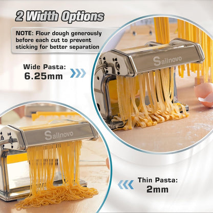 3-In-1 Pasta Maker with 9-Setting Pasta Roller & Cutters, Silver | 9 Thickness & 2 Width Settings| Stainless Steel Body Rust Resistant| Easy Clean| for Spaghetti, Fettuccine, Lasagna and More4