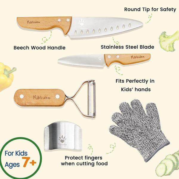 Kids Knife Set for Real Cooking, Kid-Friendly Kitchen Chef Knives | 4PCS, Food-Grade Stainless Steel Cutting Blades, Wooden Handle, Bpa-Free, for Teenager 7，8-124