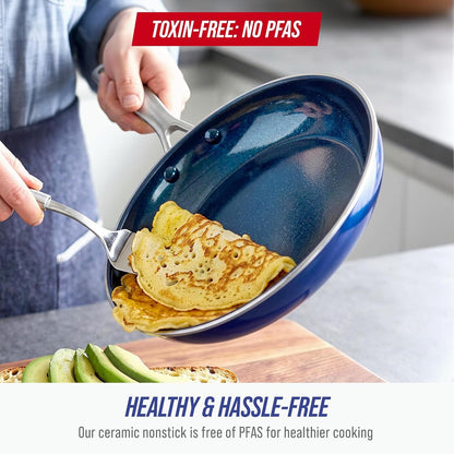 2 Piece Nonstick Frying Pan Set, 9.5” & 11" Skillets, Pfas-Free Ceramic, Dishwasher & Oven Safe, Stainless Steel Handle, Durable Metal Utensil Safe, Egg & Omelet Pans, Blue | 9.5" X 11" Skillets, Pfas-Free Ceramic Nonstick, Dishwasher & Oven Safe, Stay Cool Handle, Durable Metal Utensil Safe3