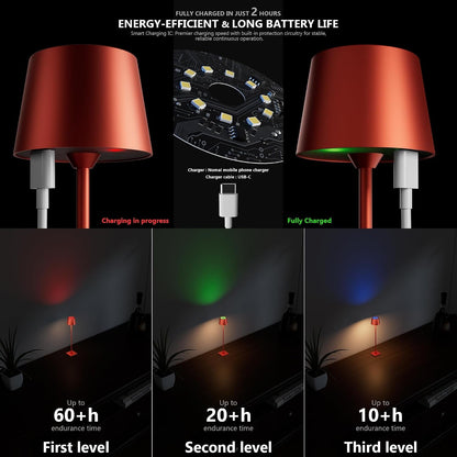 Compact Cordless Table Lamp, Rechargeable LED Night Light, Dual Light Source (RGB Top & Warm Bottom), Touch Control & Timer, Metal Lamp for Bedroom & Kids Room (Red 1-Pack)7