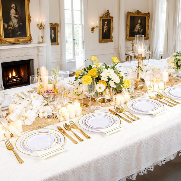 350PCS White and Gold Plastic Plates Dinnerware Set for Wedding9