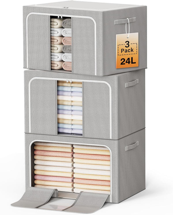 Clothes Storage Bins with Metal Frame Foldable Storage Box Clothes Organizers Storage Containers for Clothes Sheets Blankets Books Toys Gifts and Holiday Decorations (24Lx3 Pack)1