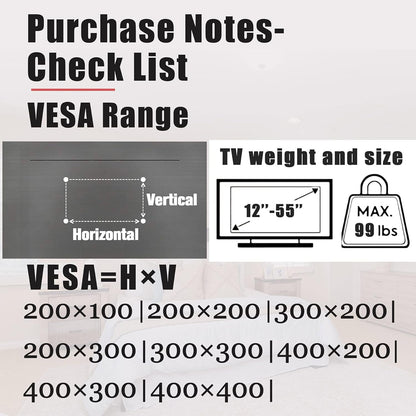 No Stud TV Wall Mount, Drywall Studless TV Hanger No Damage, No Drill, Non Screws, Dry Wall Flat Screen Tvs Easy Install Bar Bracket Fits VESA 12-55 Inch Tvs up to 99 Lbs, Include Hardware Levels5