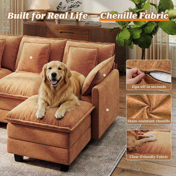 107" Modular Sectional Cloud Sofa, U Shaped 6 Seat Chenille Couch with Movable Ottomans and 48" Deep Seat, Convertible Couches for Living Room, Orange7