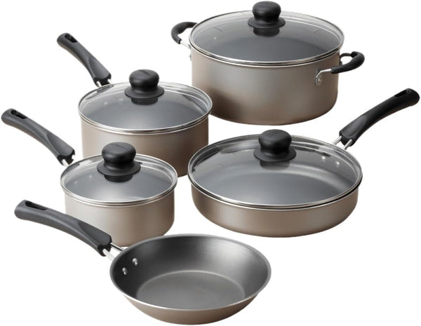 9 Piece Nonstick Cookware Set with Glass Lids, Pots and Pans Including Sauce, Dutch Oven and Sauté, Champagne Kitchen Collection1