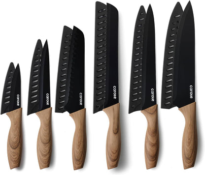12-Piece Knife Set, Knives with Wood-Grain Finish Handles, Black | 6 Blade Guards, Stainless Steel Blade, Ceramic Nonstick Coating, Long-Lasting Sharpness, Rust-Resistant, Kitchen, Camping, RV1