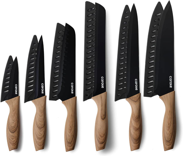 12-Piece Knife Set, Knives with Wood-Grain Finish Handles, Black | 6 Blade Guards, Stainless Steel Blade, Ceramic Nonstick Coating, Long-Lasting Sharpness, Rust-Resistant, Kitchen, Camping, RV1
