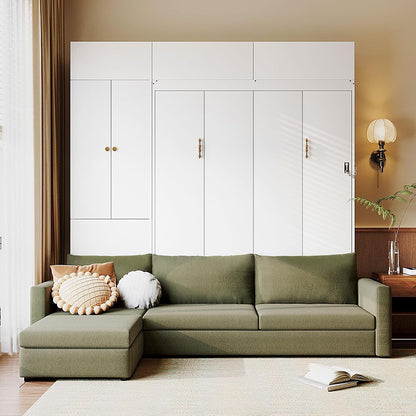 Queen Murphy Bed with Couch and Storage Bookcase, Wood Foldable Murphy Wall Bed with Storage Shelves and Sofa for Adults (Queen,H White)1