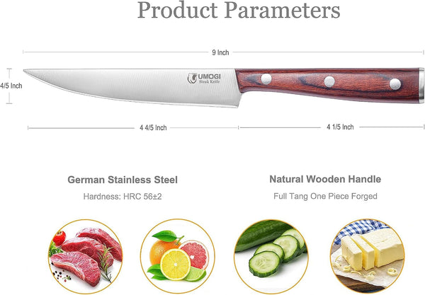 Premium Steak Knives Set of 6 in Gift Box - Polished Wood Handle, HC German Stainless Steel, Straight Edge Non Serrated - 4.8''Dinner Knife, Kitchen Tableware Knives Cutlery Set6