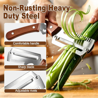 Vegetable Peeler with Wooden Handle, 2 Pack Julienne Peeler and Slicer, 3-In-1 Multifunctional Peelers for Kitchen, Stainless Steel Blade Shredder Tool for Potato, Carrot and Fruit2