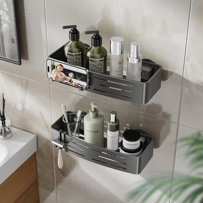 Shower Caddy Suction Cup,2 Pack Shower Shelves with Hooks No Drilling Removable,Large Capacity Bathroom Organizers and Storage,Waterproof Rustproof Shower Bathroom Accessories Decor(Gray)7