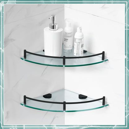 2 Pcs Corner Shower Shelf 2-Tier Glass Corner Shelf Stainless Steel Wall Mounted Bathroom Organizer for Storing Shower Gel Shampoo Brush, 9.25 Inches (Black)4