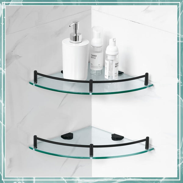 2 Pcs Corner Shower Shelf 2-Tier Glass Corner Shelf Stainless Steel Wall Mounted Bathroom Organizer for Storing Shower Gel Shampoo Brush, 9.25 Inches (Black)4