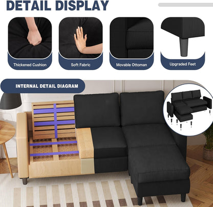 L Shaped Sectional Sofa Couch,Convertible Modular Sofas with Movable Ottoman,3-Seat Upholstered Corduroy Couch,Small Couches for Living Room,Apartment,Office(Black)4