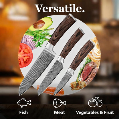 EDIB 3-Piece Damascus Kitchen Knife Set in Wooden Gift Box | VG10 Core, 67-Layer Genuine Damascus Steel, 60 ± 2 HRC, Santoku, Utility and Paring Knife, Pakkawood Handles7