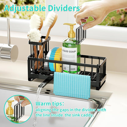 Sponge Holder for Kitchen Sink - Self-Draining Sink Caddy with Brush and Dishcloth Holders, Stainless Steel Kitchen Countertop Organizers and Storage Essentials - Black4