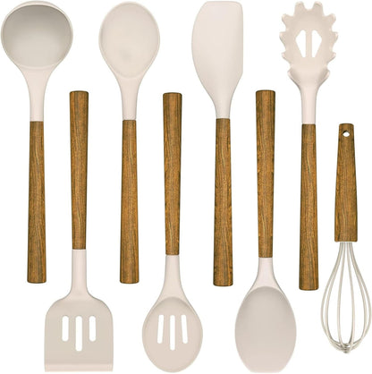 Silicone Cooking Utensil Set, 8-Piece Kitchen Utensils Set with Natural Acacia Wooden Handles, Silicone Kitchen Gadgets and Spatula Set for Nonstick Cookware - Khaki1