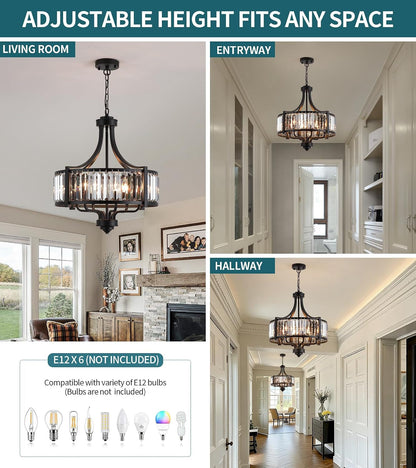 Modern Crystal Chandeliers, Entryway Black Crystal Chandelier for Dining Room, 6-Light Farmhouse Pendant Hanging Light Fixture for Living Room Foyer Kitchen Island,Conical,20In2