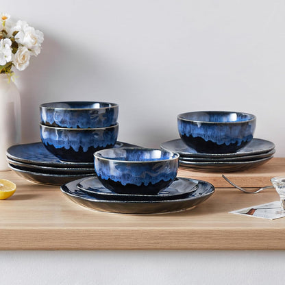 Starry 12 Pcs Dinnerware Set for 4, Handmade Reactive Glaze, Blue6
