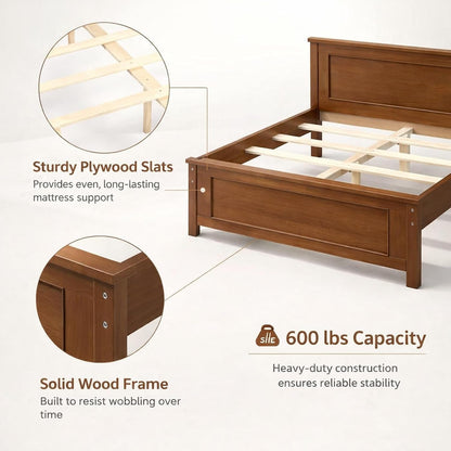 Walnut Full Size Wood Bed Frame with Headboard Under-Bed Storage Space3