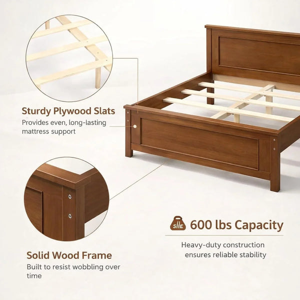 Walnut Full Size Wood Bed Frame with Headboard Under-Bed Storage Space3
