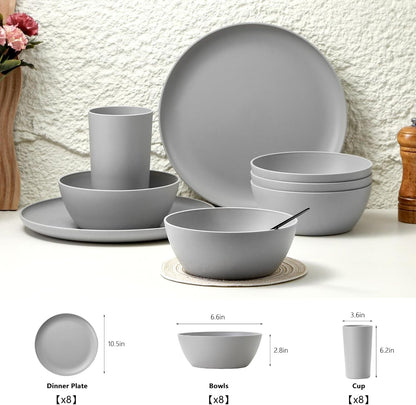 24-Piece Dinnerware Set, Service for 8, Unbreakable Plates and Bowls Set, Bpa-Free, Dishwasher Safe, Gray Tableware for Kitchen, Party and Picnic2