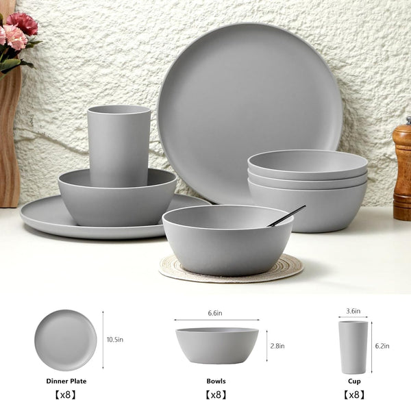 24-Piece Dinnerware Set, Service for 8, Unbreakable Plates and Bowls Set, Bpa-Free, Dishwasher Safe, Gray Tableware for Kitchen, Party and Picnic2
