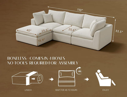110" Cloud Sectional Couches for Living Room, Convertible L-Shape Couch with Ottoman, 3 Seater Modular Sectional Sofa, Warm White2