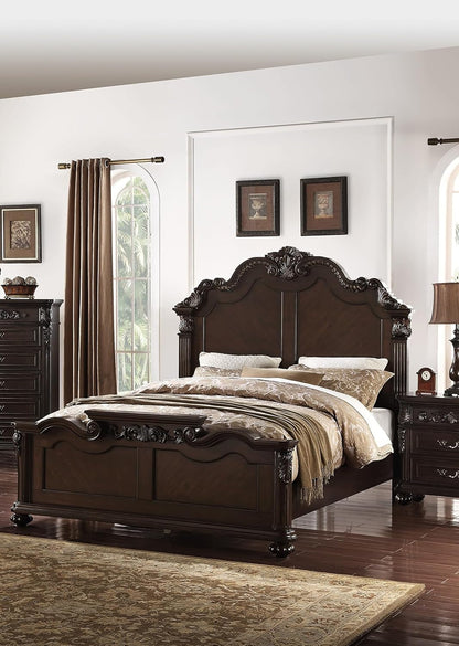 Peanu Traditional Eastern King Bed, Antique Cherry, Carved Details, Bun Feet, 90 X 84 X 68 Inches8