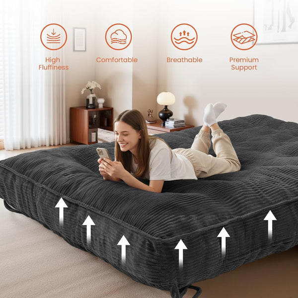 8" Futon Mattress Full Size, Futons Sofa Bed Sleeper Couch Bed, Roll up Mattress with Shredded Foam & 2 Straps for Storage, Futon Floor Mattress for Living Room, Corduroy (Frame Not Included)3