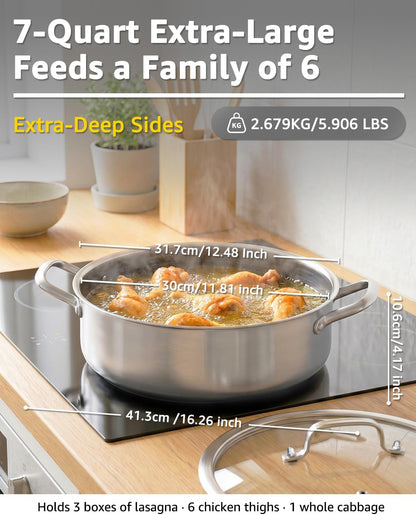 7 QT Large Deep Frying Pan with Lid | 12 Inch | Riveted Handles | Ceramic Nonstick | Tri-Ply Stainless Steel Skillet | Saute Pan | Hybrid Cookware | Oven & Induction Ready | 6-8 Servings4
