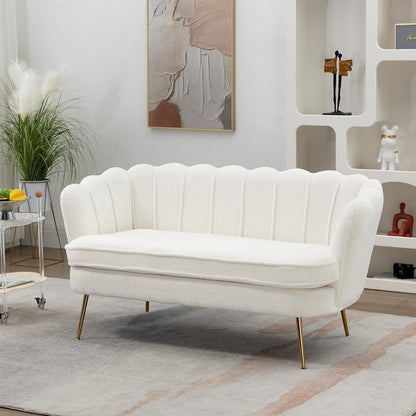 59" Small Modern Chenille Loveseat Sofa, 2-Seater Sofa with Gold Metal Legs, Small Couch with Flower Shaped Back for Living Room Bedroom Office (Ivory)1