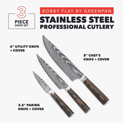 X Bobby Flay 3 Piece Knife Set, Pairing Utility & Chef’S Knife, Premium Stainless Steel Blades, Precision Cutting Kitchen Tools, Hand Finished Ergonomic Wood Handle, Damascus Steel Design4