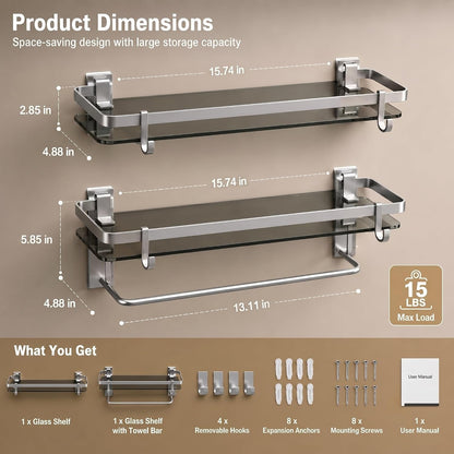 Glass Shelf for Bathroom 15.7 in Bathroom Shelves with Towel Bar Tempered Glass Shelves with 4 Removable Hooks for Wall（2 Tier）2