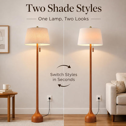 Mid Century Modern Real Wood Floor Lamp with 2 Shades for Two Looks | 65" Tall,Sculptural Teardrop Base,Wooden Pull Chain,Vintage Standing Lamp,Linen Shades,Living Room,Bedroom, Bulb Included2